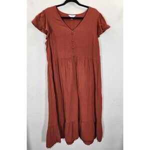 Time and Tru Dress Women's XXL 20 Rust Orange Double Cloth Tiered Midi Boho NWT